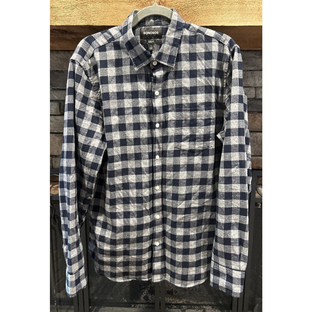 Men’s BONOBOS Gray/Black Plaid Flannel Tailored Fit Long Sleeve Shirt Size L *C2